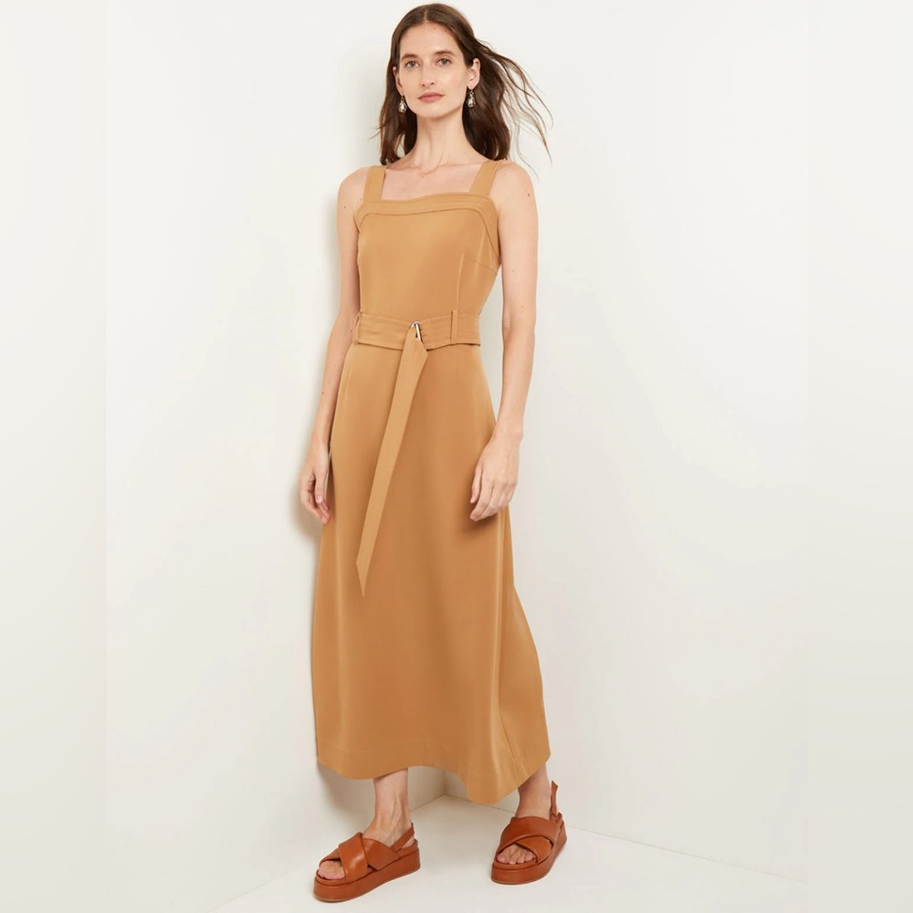 Misook Maxi A-Line Dress - Belted Square Neck Stretch Woven